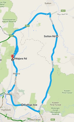Picture of a map detailing roads of interest that are Majura Road, Pialligo Ave and Sutton Road for which police are calling for witnesses around this area. 
