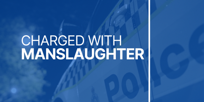 Blue banner image that says charged with manslaughter
