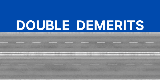 Blue Background with white words reading "Double Demerits"