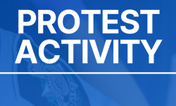 Words "protest activity" written in white on a blue bakcground 